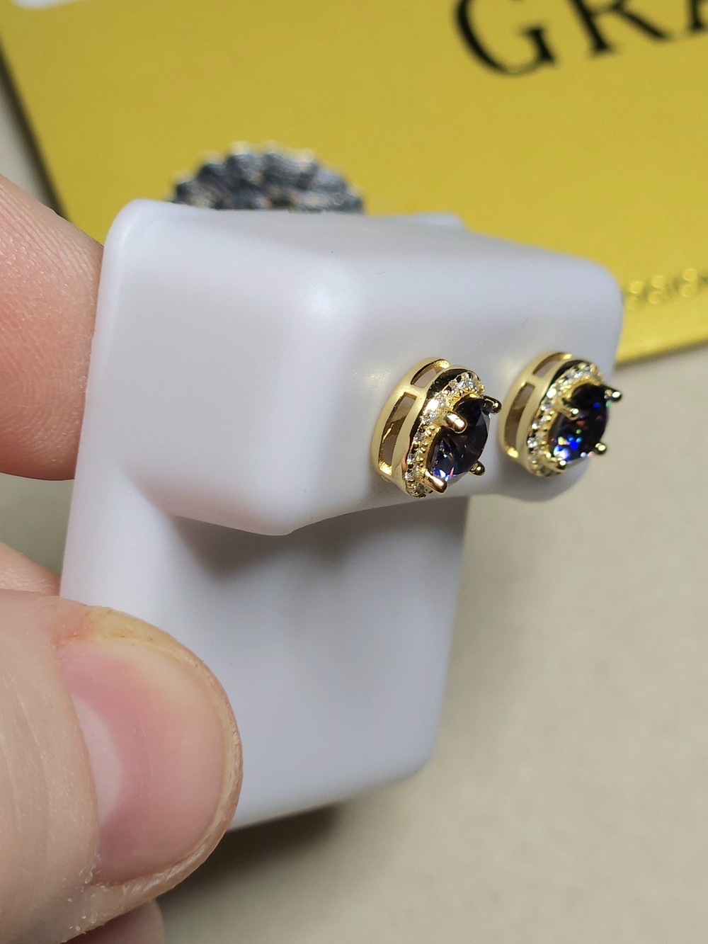 Moissanite Purple Amethyst Round Halo Stud Earrings - Sterling Silver - Picture 6 of 14